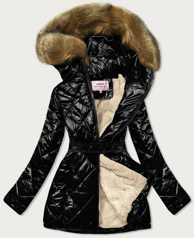 Černo/hnědá lesklá zimní bunda s mechovitým kožíškem (W756) - XXL (44) - odcienie brązu