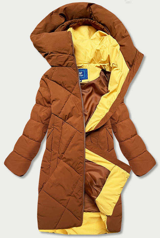 Delší zimní dámská bunda v karamelové barvě s vysokým stojáčkem (J9-067) - S (36) - odcienie brązu