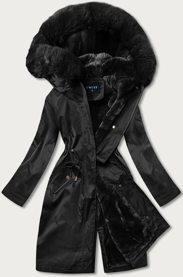 Černá dámská zimní bunda s mechovitým kožíškem (B537-1) - S (36) - odcienie czerni