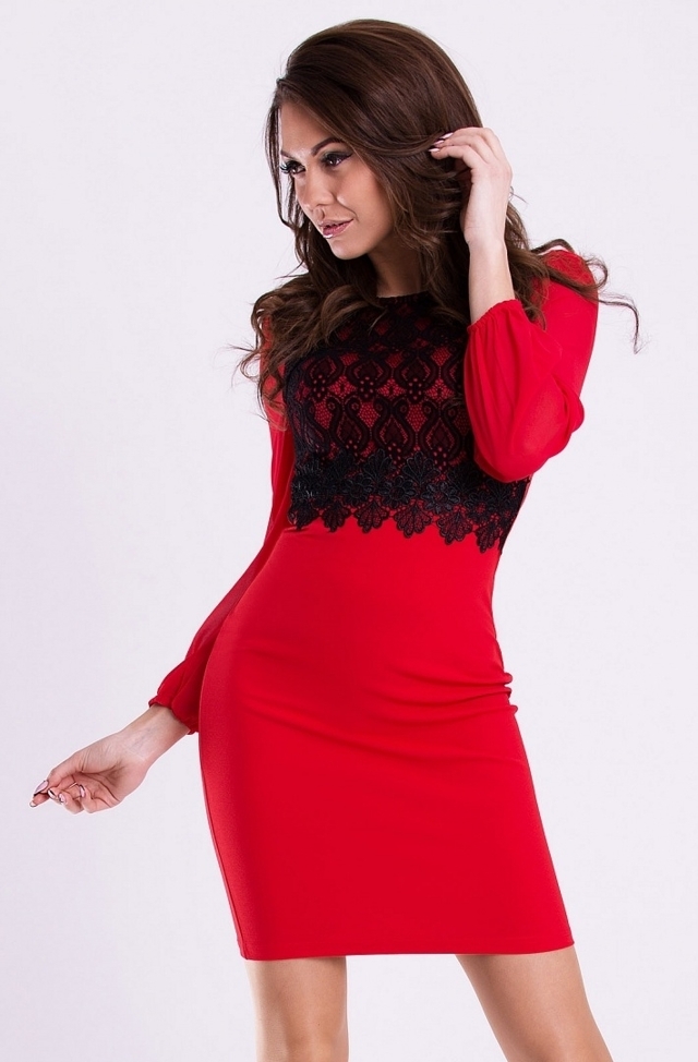 Dámské společenské šaty EMAMODA s dlouhými rukávy červeno-černé - Červená / L - EMAMODA - L - červená-černá