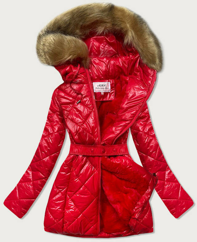 Lesklá červená zimní bunda s mechovitým kožíškem (W756) - XXL (44) - odcienie czerwieni