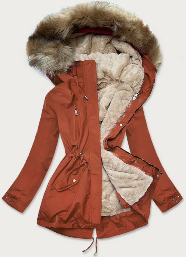 Rudo-světle béžová dámská zimní bunda s mechovitým kožíškem (W553) - S (36) - odcienie beżu