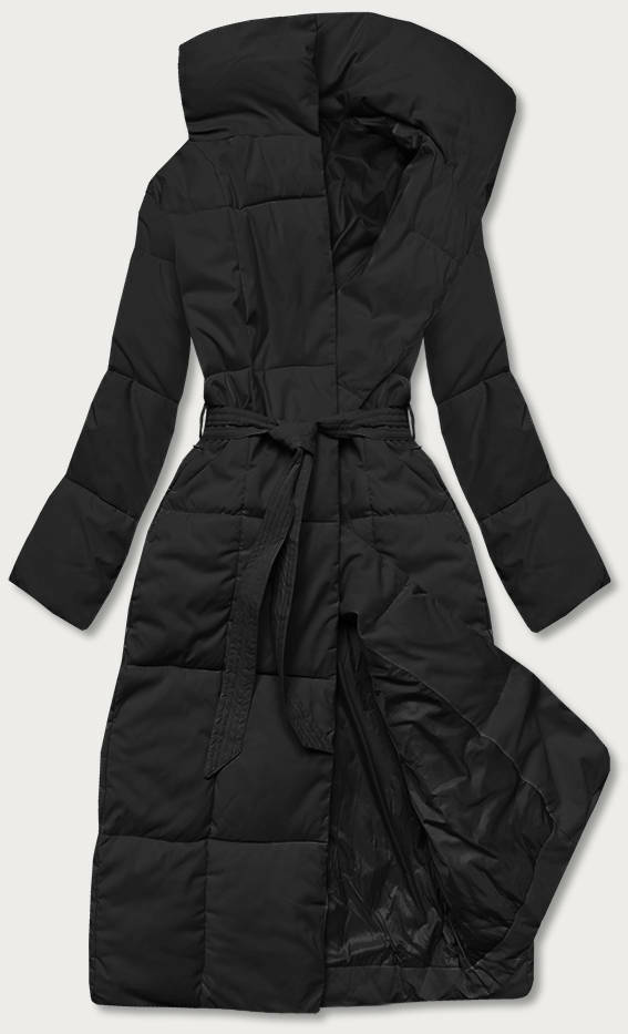 Černý dámský zimní kabát s páskem (2M-061) - L (40) - odcienie czerni