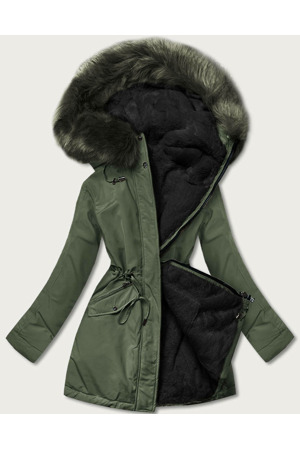 Khaki-černá teplá oboustranná dámská zimní bunda (w610)