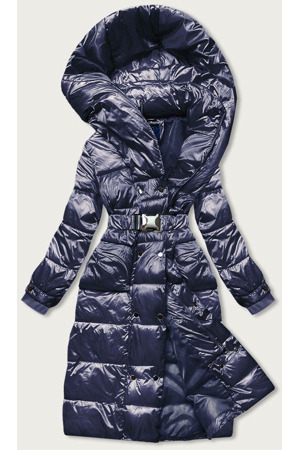 Tmavě modrá dlouhá dámská bunda s opaskem (ag8-8002)