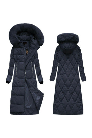 Tmavě modrá dlouhá dámská zimní bunda s kapucí (7688)