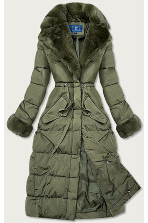 Dlouhá zimní bunda v barvě khaki s kožešinovým límcem (j9-071)
