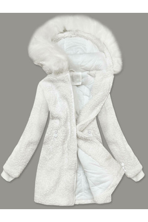 Bílá dámská bunda typu beránek s kapucí (h-1030-82)
