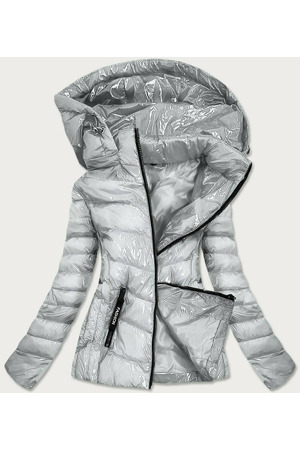 Lesklá stříbrná dámská bunda s kapucí (B9569)