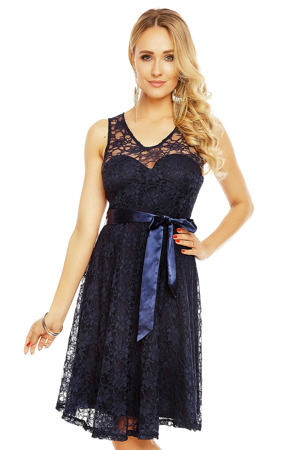 Dámské krajkové šaty na ramínka s páskem středně dlouhé tmavě modré - Tmavě modrá - MAYAADI
