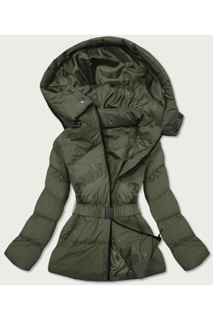 Dámská prošívaná bunda v khaki barvě s opaskem pro přechodné období (23060-2)