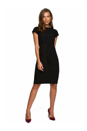 S239 Tužkové šaty s páskem na zavázání - černé