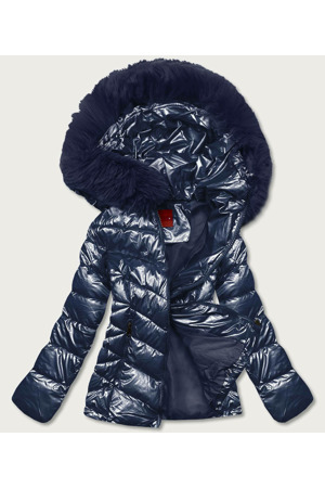 Tmavě modrá krátká dámská bunda s kožešinou (TY036-2)