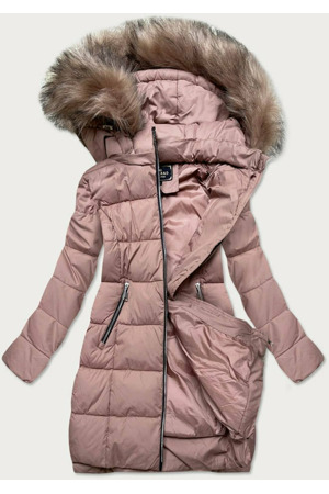 Dámská prošívaná zimní bunda ve starorůžové barvě s kapucí (7702)