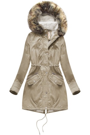 Béžová dámská zimní bunda parka s kapucí a mechovitým kožíškem (7602BIG)