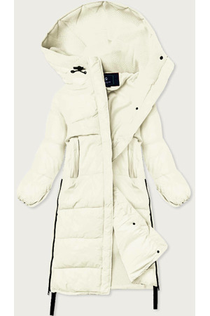 Dlouhá zimní bunda v barvě ecru z různých spojeným materiálů (jin-210)