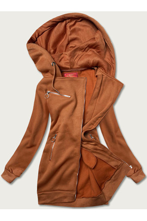 Dlouhá dámská mikina v karamelové barvě s kapucí (AMG-18)