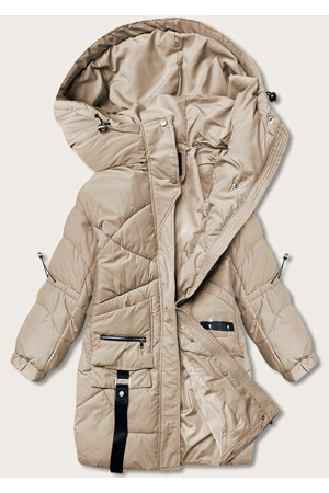 Dámská péřová bunda ve velbloudí barvě s ozdobnými páskami (AG2-J85)