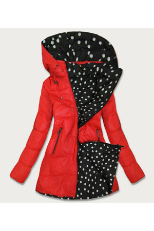 Červená a puntíkovaná oboustranná dámská bunda s kapucí (W352)