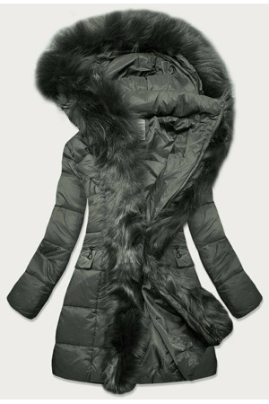 Prošívaná dámská zimní bunda v khaki barvě s kapucí (aura)