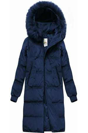 Tmavě modrá dámská zimní manšestrová bunda s kapucí (7763)