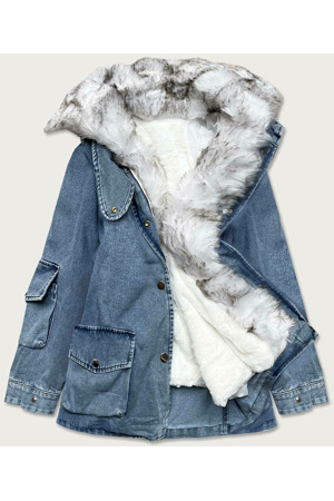 Světle modro/bílá dámská džínová bunda s kožešinovým límcem (br9585-50026)