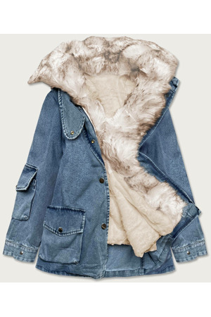 Světle modro/béžová dámská džínová bunda s kožešinovým límcem (br9585-50046)