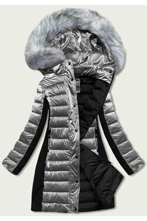 Šedá dámská zimní bunda z různých spojených materiálů (dk067-45)