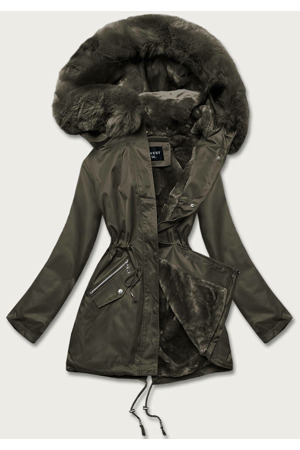Dámská zimní bunda v barvě khaki s kožešinovou podšívkou (b550-11)