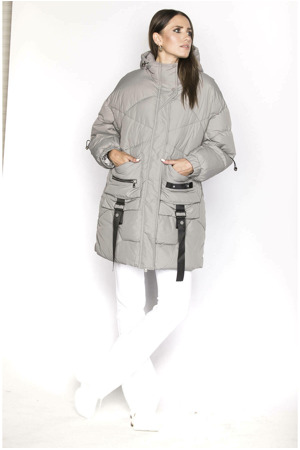 Šedá dámská péřová bunda s ozdobnými páskami (AG2-J85)