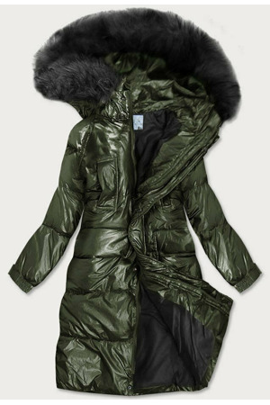 Dámská zimní metalická bunda v khaki barvě s kapucí (8295)