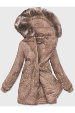 Béžová dámská bunda typu beránek s kapucí (h-1030-22)