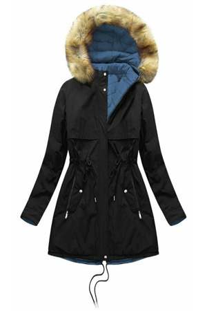 Černo-světle modrá oboustranná dámská zimní bunda s kapucí (w214big)
