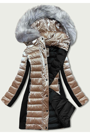 Béžová dámská zimní bunda z různých spojených materiálů (dk067-95)