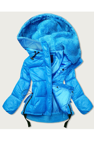 Světle modrá krátká dámská zimní bunda s kapucí (JIN211)