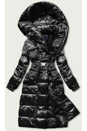 Černá dlouhá dámská bunda s opaskem (ag8-8002)