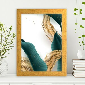 ASIR Obraz na MDF s rámem ZELENÉ LISTY A ZLATÁ BRKA 24 x 29 cm