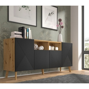 BIM Komoda LUXI 195, 4D, dub artisan/černý mat