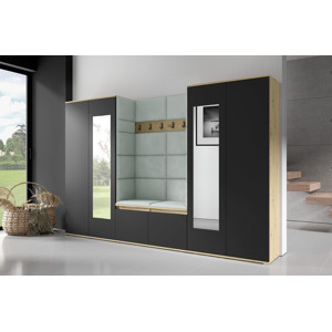 Eka Předsíňová stěna s čalouněnými panely Trinity 10 - Dub Artisan s černou / Světlá zelená 2321