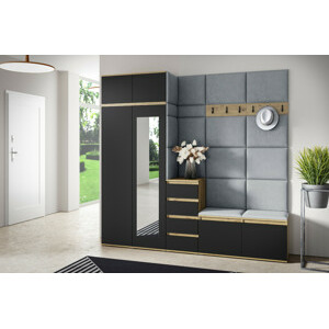 Eka Předsíňová stěna s čalouněnými panely Trinity 33 - Dub Artisan s černou / Šedá 2314