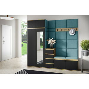 Eka Předsíňová stěna s čalouněnými panely Trinity 33 - Dub Artisan s černou / Azurová 2313