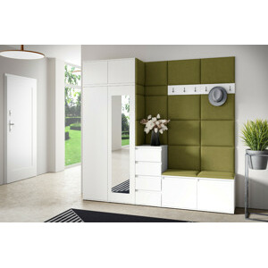 Eka Předsíňová stěna s čalouněnými panely Trinity 33 - Bílá / Khaki zelená 2327