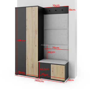 Eka Předsíňová stěna s čalouněnými panely Joey 1 - Černá a Dub Artisan / Fialová 2311