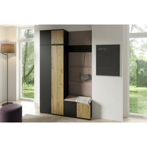 Eka Předsíňová stěna s čalouněnými panely Joey 2 - Černá a Dub Artisan / Tmavá béžová 2305