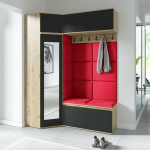 Eka Předsíňová stěna s čalouněnými panely Trinity 38 - Dub Artisan s černou / Rubínová 2324