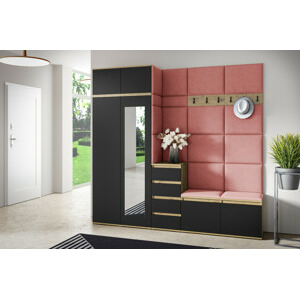 Eka Předsíňová stěna s čalouněnými panely Trinity 33 - Dub Artisan s černou / Tmavá růžová 2323