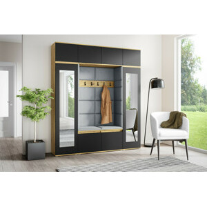 Eka Předsíňová stěna s čalouněnými panely Trinity 32 - Dub Artisan s černou / Šedá 2314