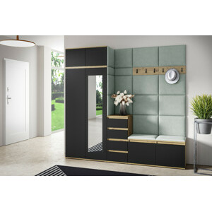 Eka Předsíňová stěna s čalouněnými panely Trinity 33 - Dub Artisan s černou / Světlá zelená 2321