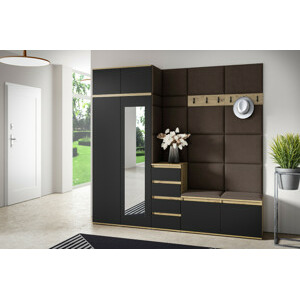 Eka Předsíňová stěna s čalouněnými panely Trinity 33 - Dub Artisan s černou / Tmavá hnědá 2308