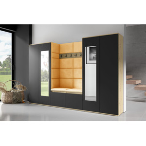 Eka Předsíňová stěna s čalouněnými panely Trinity 10 - Dub Artisan s černou / Hořčicová 2326